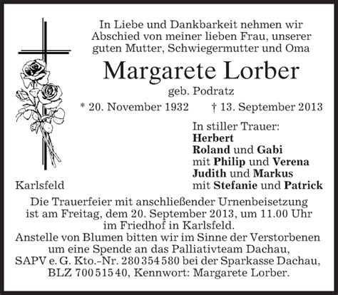 Traueranzeigen Von Margarete Lorber Trauer Merkur De