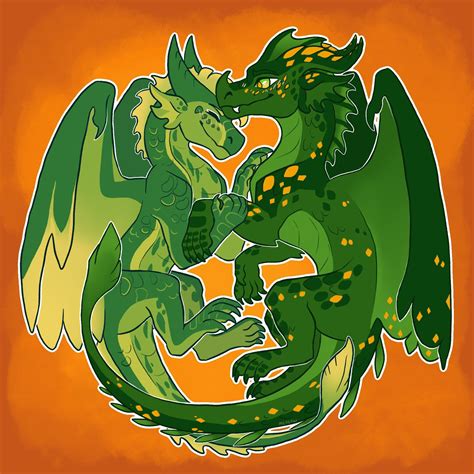 Two Green Dragon Fighting Over Each Other On An Orange Background