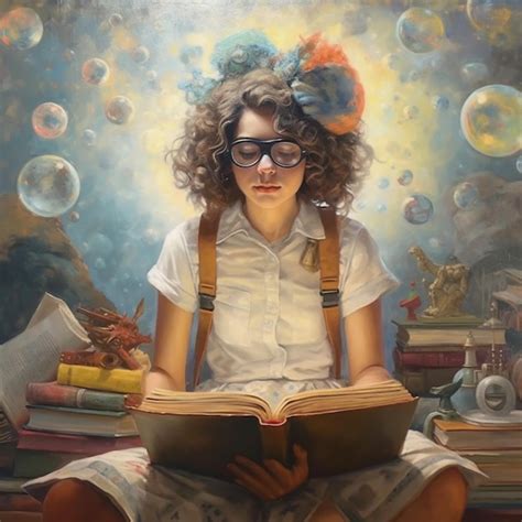 Premium AI Image | A painting of a girl reading a book with a book on the top.