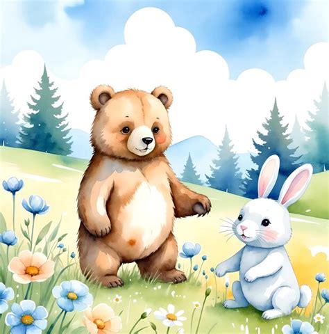 bear  rabbit   meadow premium ai generated image