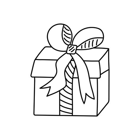 Gift Box With Ribbon And Bow In Doodle Style Black And White Vector