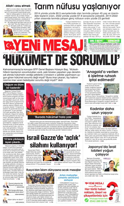 Yeni Mesaj Gazetesi Yeni Mesaj Man Et Oku Haberler Mart