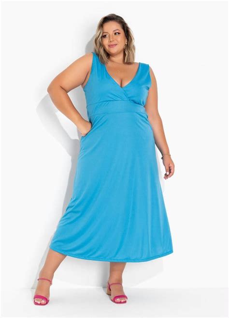 Vestido Azul Com Alças Largas Plus Size Marguerite