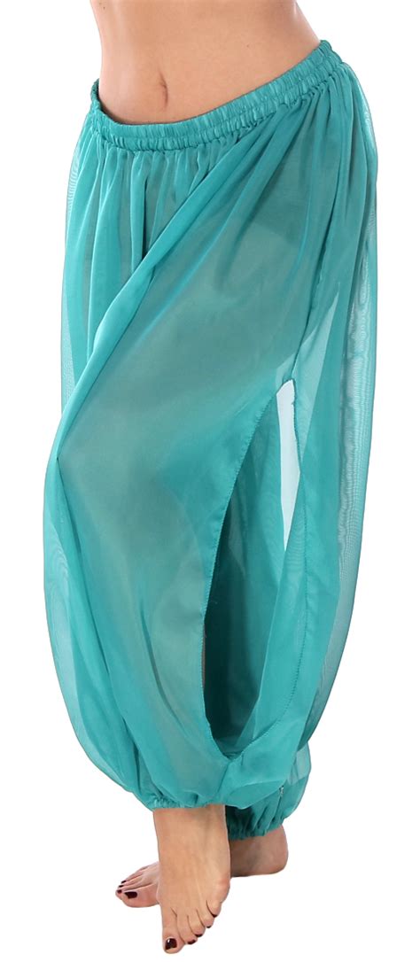 Sheer Chiffon Harem Pants With Side Slits In Jasmine Green