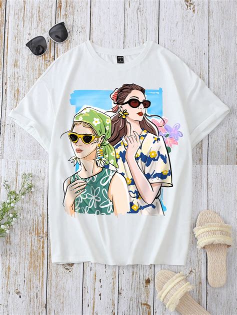 SHEIN LUNE Camiseta amplia con estampado de figura de hombros caídos