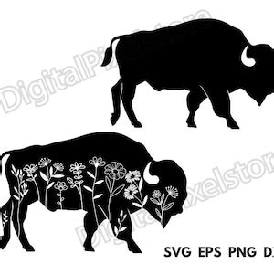 Bison Silhouette Svg,bison Svg,bison Silhouette With Wildflowers,bison ...