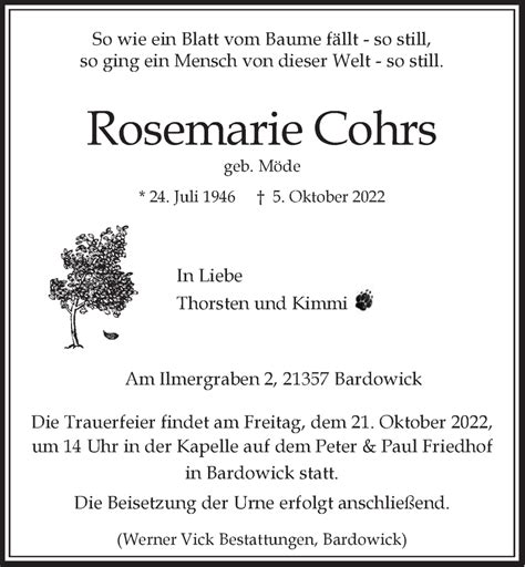 Traueranzeigen von Rosemarie Cohrs Trauer Lüneburg de