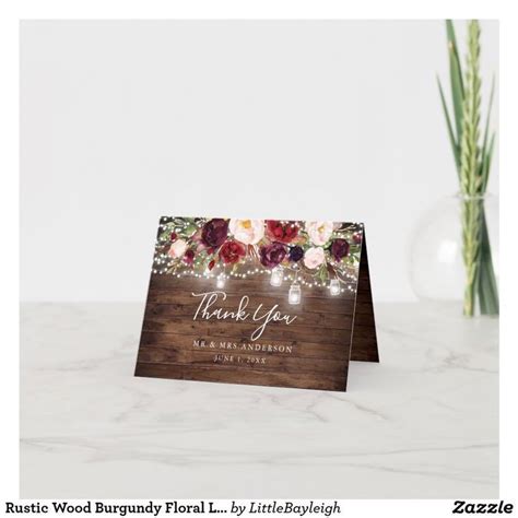 Rustic Wood Burgundy Floral Lights Wedding Thank You Card Zazzle