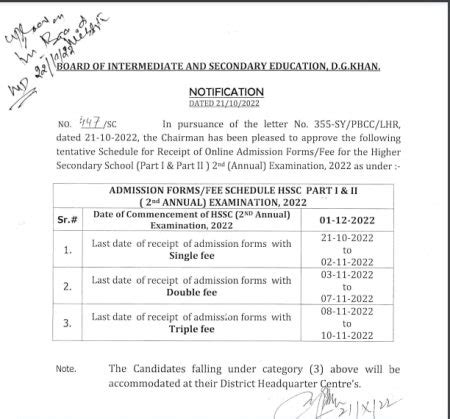 Bise Dg Khan Board Hssc Nd Annual Exam Registration Schedule