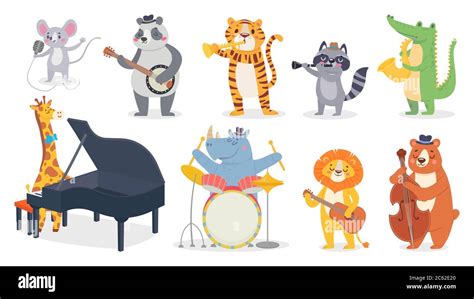 Cartoon animals with music instruments. Giraffe play piano, cute panda ...