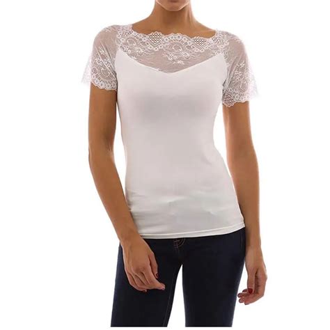 Female White Tops Women Lace Patchwork Sexy Hollow Out T Shirt Summer