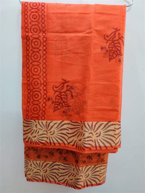 Plain Orange Printed Cotton Saree M With Blouse Piece At Rs