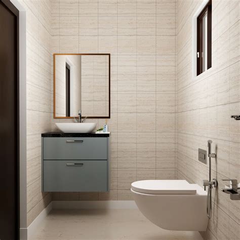 Monochromatic Brown Textured Bathroom Design With Grey Vanity Unit