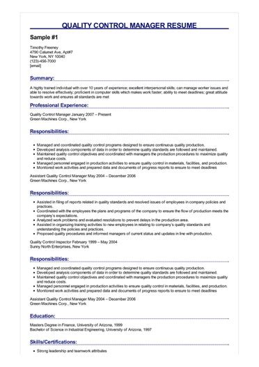 Quality Control Manager Resume Sample