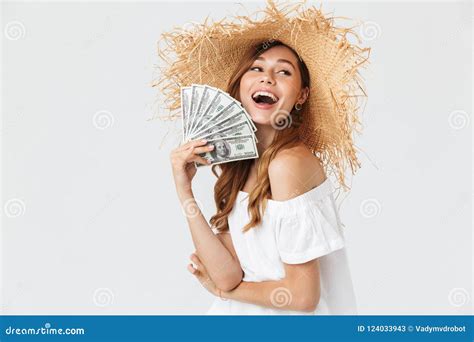 Photo Of Happy Rich Woman 20s Wearing Big Straw Hat Rejoicing While