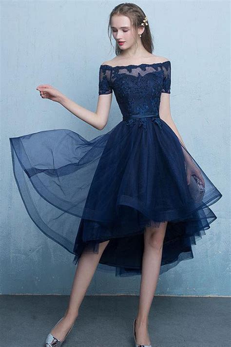 Dark Blue Off The Shoulder Tulle Homecoming Dress With Lace Appliques