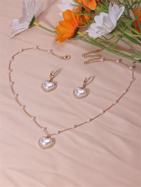 Heart Shape Faux Pearls Jewelry Set With Pendant Necklace And Drop