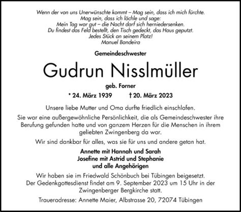 Traueranzeigen von Gudrun Nisslmüller Trauerportal Ihrer Tageszeitung