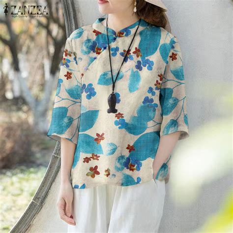 Zanzea Women S Blouse Summer Vintage Holiday Sleeve Stand Collar