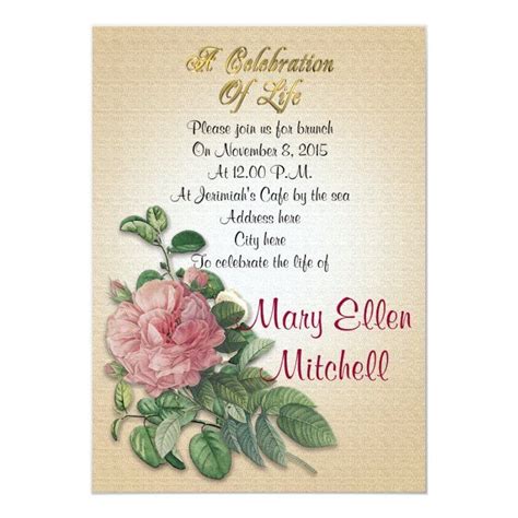 Celebration Of Life Invitation Vintage Rose Zazzle