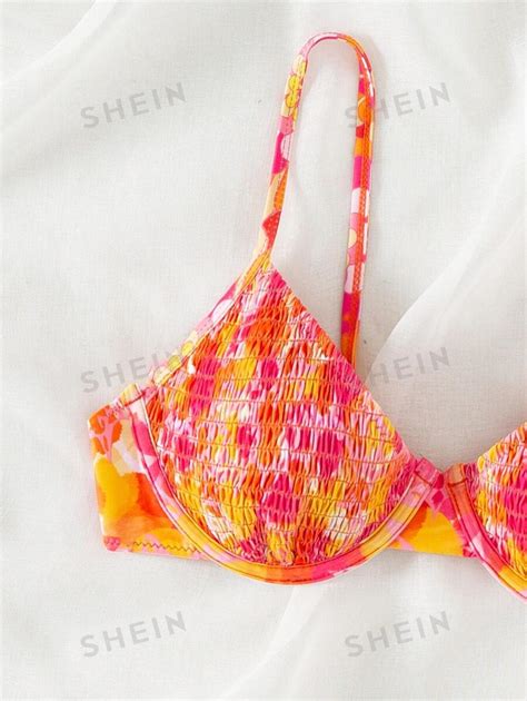 Shein Swim Mod Allover Print Smocked Underwire Bikini Top Shein Uk