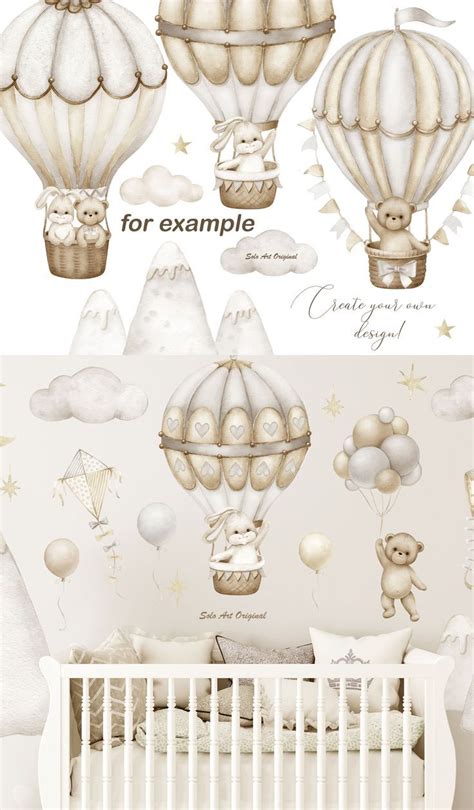 Teddy Bear Neutral Gender Hot Air Balloons Baby Shower Baby Bunny Kite Clouds Brown Floral