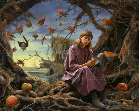 A Painting Of A Woman Sitting In A Tree Surrounded By Birds Generative