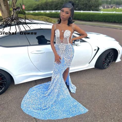 Sparkly Sky Blue O Neck Long Prom Dresses For Black Girls 2022 Sequined