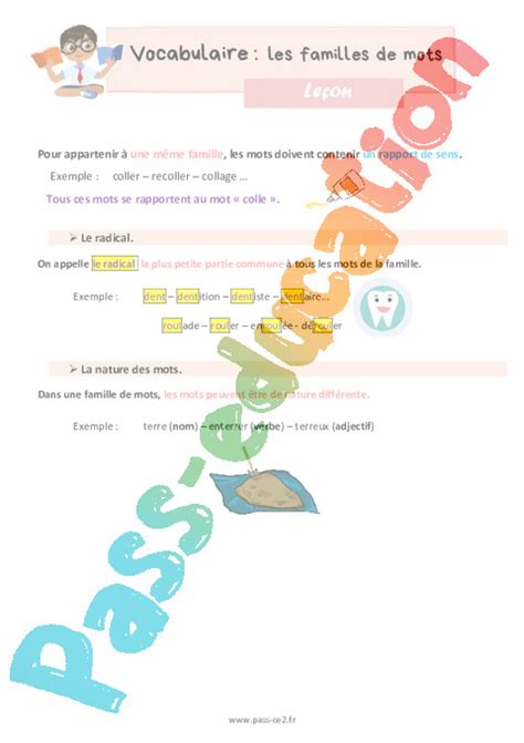 Les familles de mots Leçon de vocabulaire pour le ce2 PDF à imprimer