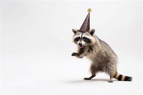 Funny Raccoon In Birthday Hat Dances On White Background Festive Party Concept Generative Ai