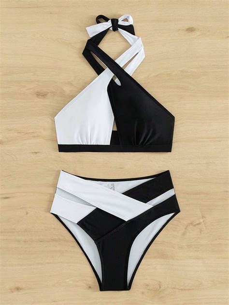 Shein Swim Vcay Women S Colorblock Halter Neck Bikini Swimsuit Set