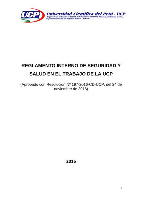 PDF REGLAMENTO INTERNO DE SEGURIDAD Y SALUD EN EL Ucp Edu Pe Wp