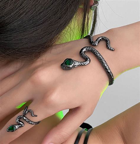 Snake Bracelet With Emerald Eyes Silver Or Black Serpent Bracelet Snake