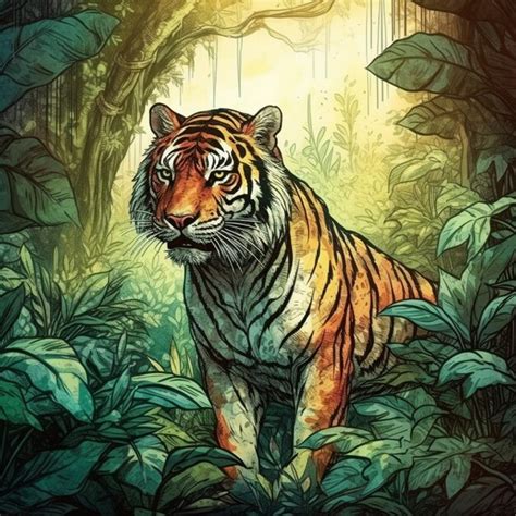 Premium AI Image Watercolor Painting Of Ferocious Tiger