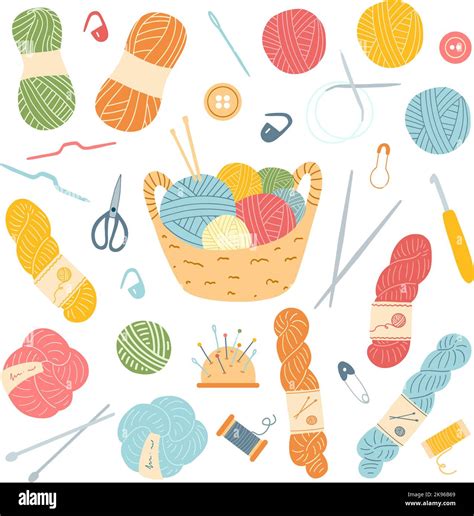 Hand Drawn Set Of Knitting Accessories Vector Illustration Of Yarn