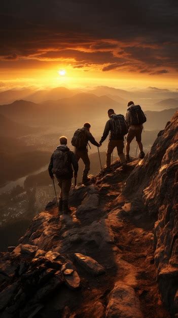 Premium Photo Four Hikers On A Mountaintop At Sunset