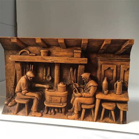 TABLEAU BOIS SCULPTÉ Relief 3D Scène Paysanne Cheminée Tableau De