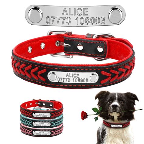 braided custom personalized dog collar leather padded dog pet id  collars
