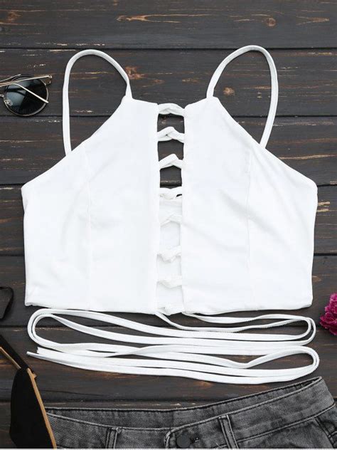 Criss Cross Lace Up Crop Top WHITE S Affordable Fashion Clothes