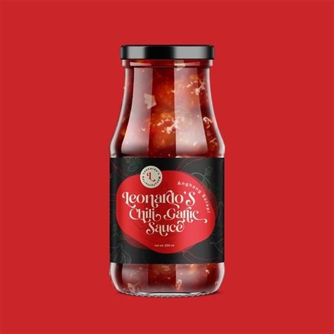 Leonardos Chili Garlic Sauce Packaging Label Design Red Background Packaging Labels Design