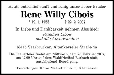 Traueranzeigen Von Rene Willy Cibois Saarbruecker Zeitung Trauer De