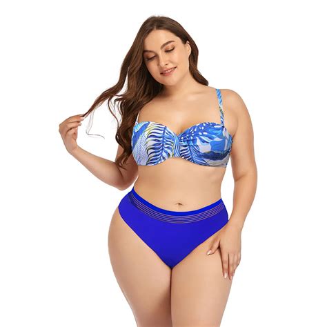 Plus Size Women Swimwear Two Piece Bikini Beach Wear Printing Swimsuit