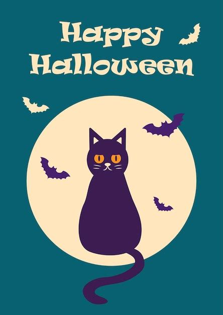 Premium Vector | Happy halloween postcard with a cat and bats against ...