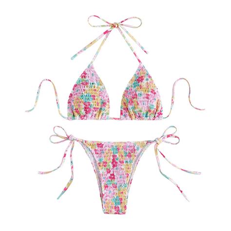 Women Swim Bikini Suit Sleeveless Hanging Neck Floral Bra Swimming Tops Swimwear Shorts Briefs