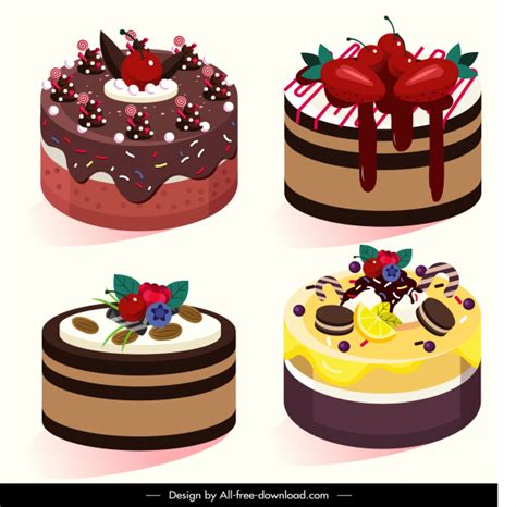 Fruit Cream Cakes Icons Colorful 3d Design Vectors Graphic Art Designs