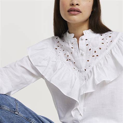 White Long Sleeve Broderie Frill Shirt River Island