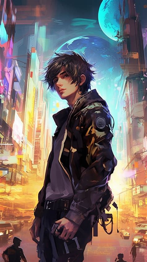 Beautiful Stunning Pretty Vintage Cyberpunk Anime Boy Paint Art Style