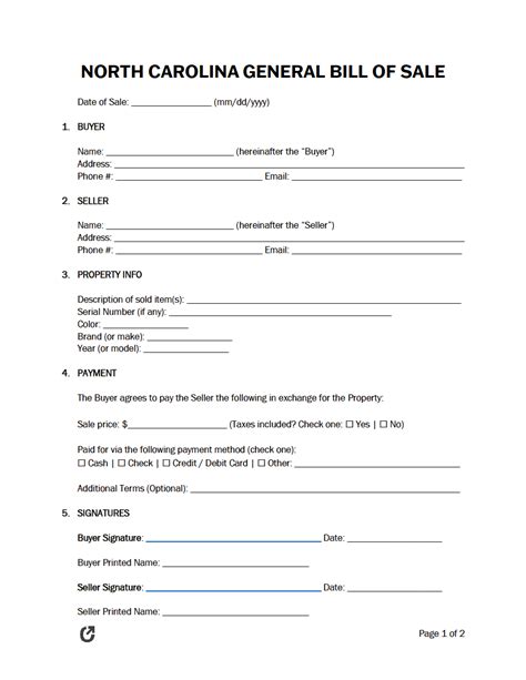 Free North Carolina General Bill Of Sale Form Pdf Word Rtf