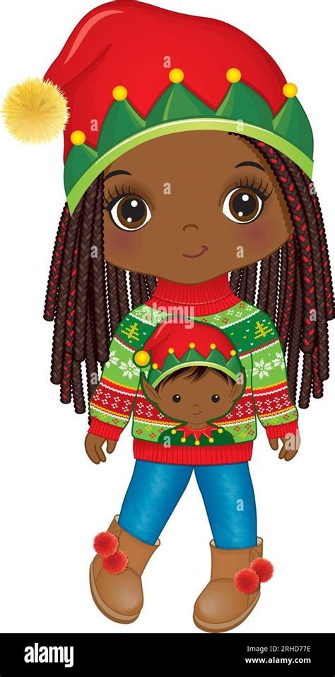 Vector Image Of Cute Black Girl Wearing Elf Hat And Christmas Sweater