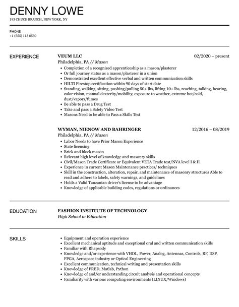 Mason Resume Samples Velvet Jobs